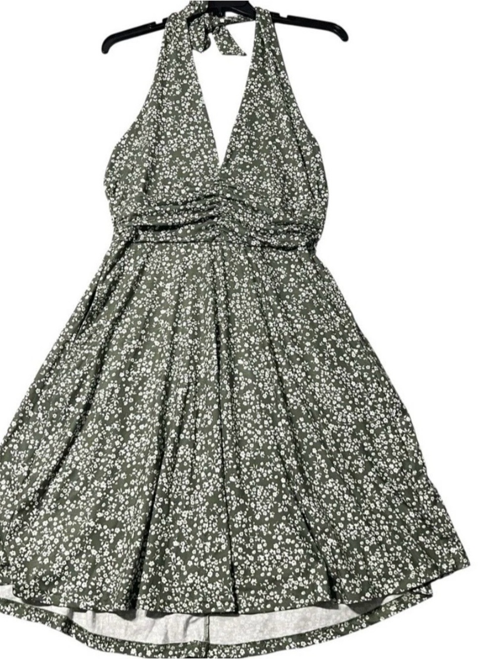 Halter Sundress Large Green Floral Backless Stretch Cottagecore Coquette Summer